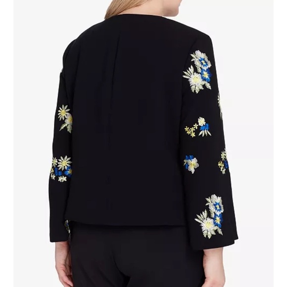 Tahari ASL Black Floral Embroidered Jacket 12 Flared Sleeve Lined Round Neckline - Picture 3 of 14